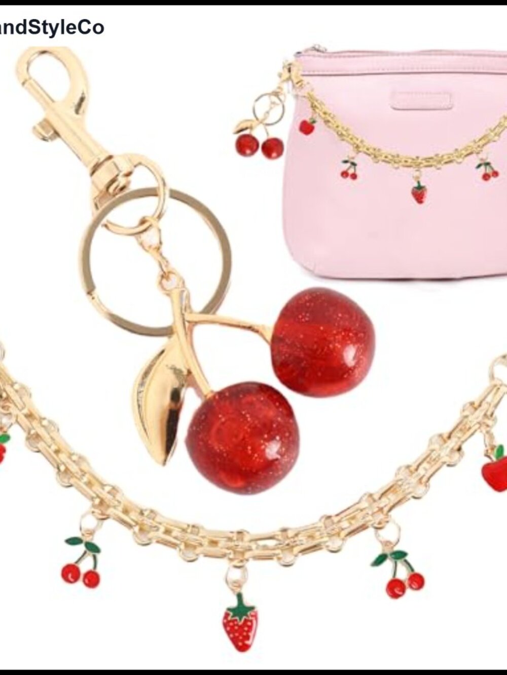 Alloy Purse Chain Strap Extender Strawberry Cherry Enamel Charms Keychain
